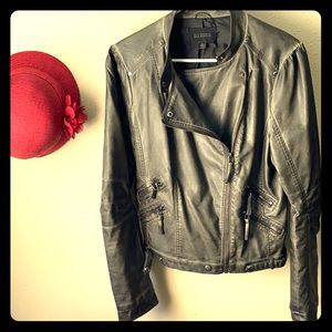 Distressed faux leather motorcycle jacket
